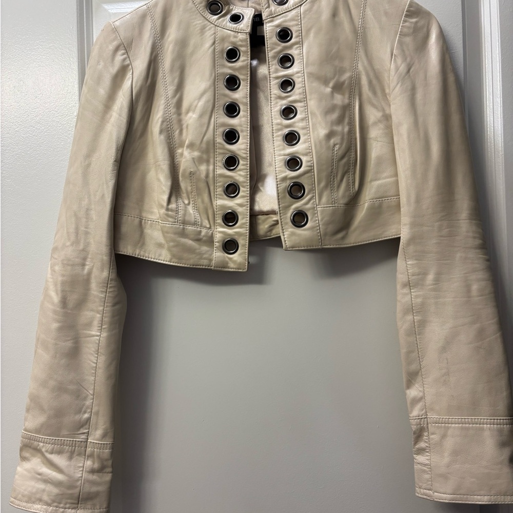 Arden B Cream Leather Military Jacket